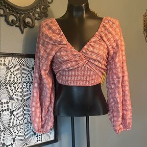 Pink Lily Coral Pink Plaid Smocked Long Sleeve Crop Top